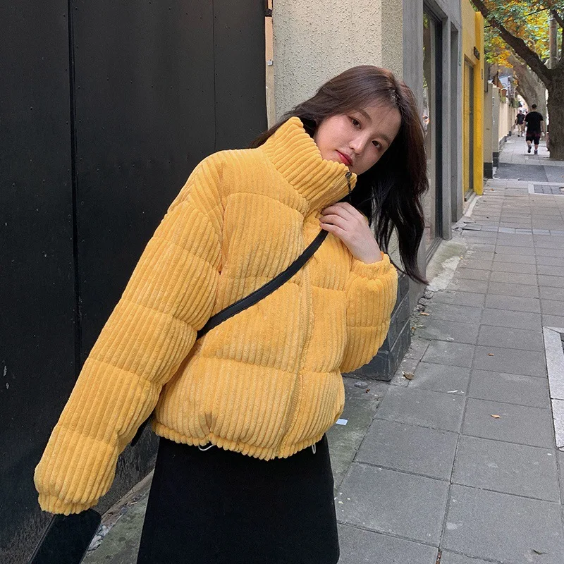 

Cute Corduroy Coat Women 2021 Stand Collar Short Jacket Autumn Winter Warm Parkas Loose Thicken Short Outerwear Girls Overcoat