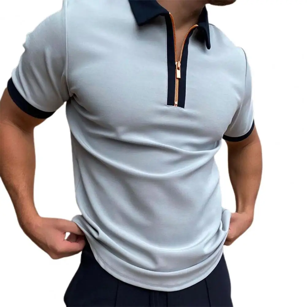 

Male Tops Men Shirt Color Matching Short Sleeves Lightweight Summer Zipper Male Tops Zipper Design Male Shirt Streetwear