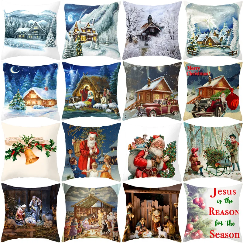 

18x18 Inches Christmas Cushion Cover Winter Snow Santa Claus Printed Pillow Covers Merry Christmas Home Decor Throw Pillowcase