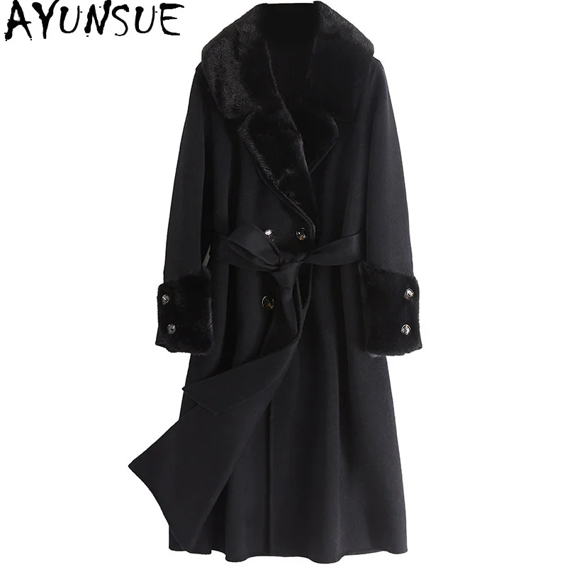 

High Quality 100% Wool Coat Female Women Long Korean Coats and Jackets Winter Clothes Mink Fur Collar Manteau Femme