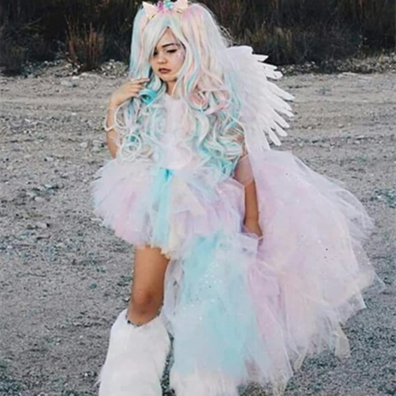 Pastel Rainbow Girls Tutu Dress Unicorn Girl Birthday Party Up with Headband Child Kids Princess Halloween Costumes | Детская одежда и