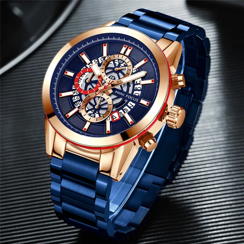 Мужские часы от топ бренда роскошные из нержавеющей стальной ремешок синий