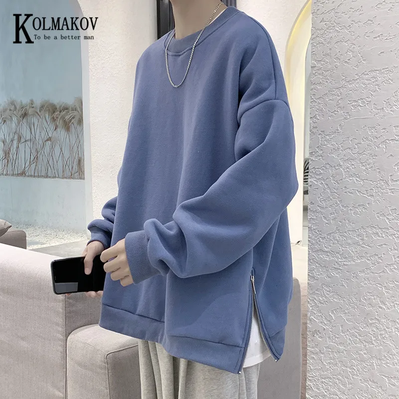 

KOLMAKOV Men's Autumn/Winter Hoodie Loose Round Collar Solid Color Side Zipper Male 5 Color Size M-3XL