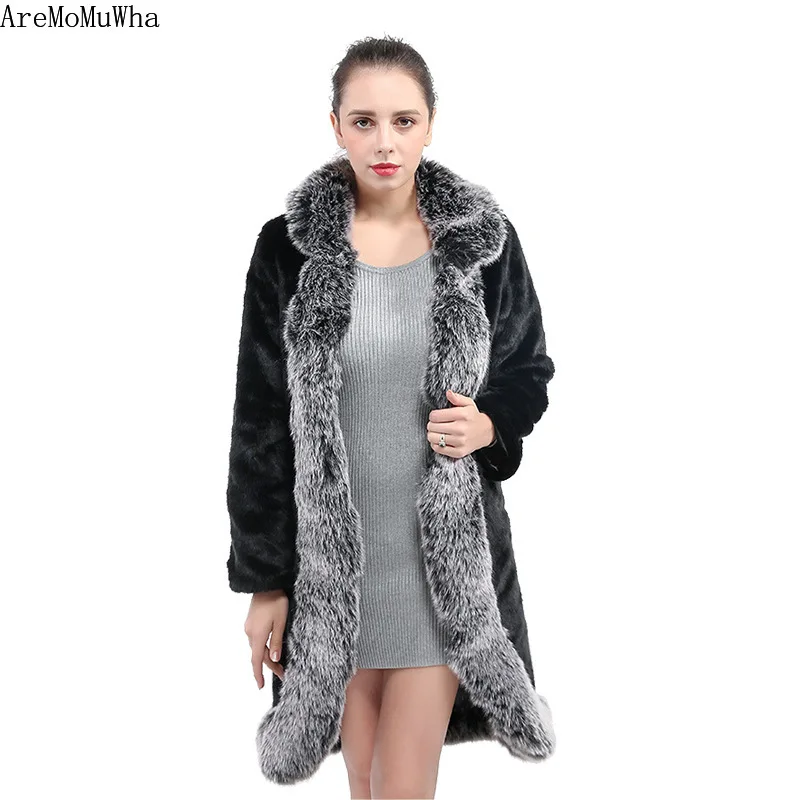 Europe and The United States New S-4XL Imitation Fur Long Coat Fake Otter Coat Fox Fur Collar Mink Coat Women Fur Jacket Women