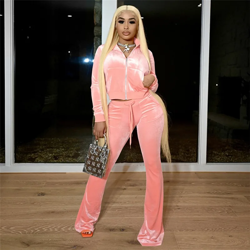 

Winter Velvet Tracksuit Women Two Piece Set Jackets Long Sleeve Top And Flare Pants Suits Velour Jogging Outfits Sweatsuits