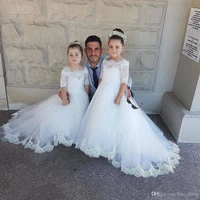 white princess long flower girl dresses 2019 a line half sleeve tulle first communion dress sweep train lace girls pageant party