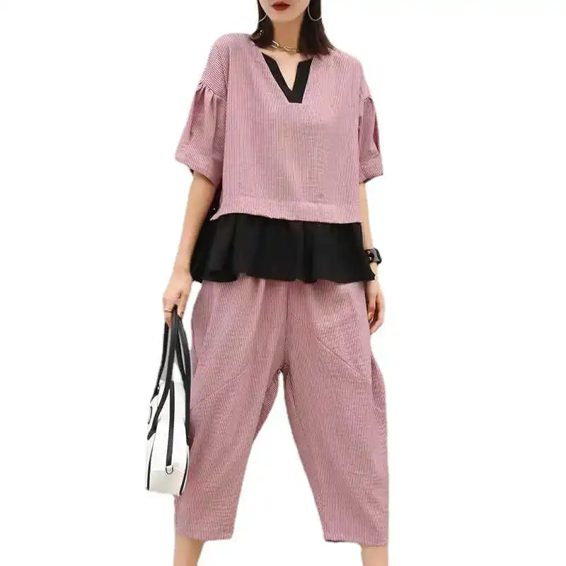 

LANMREM Large Suit Fashion Loose Harem Pants Two Piece Suit Foreign Stripes Casual Women's Summer 2021 New Arrival 2K1629