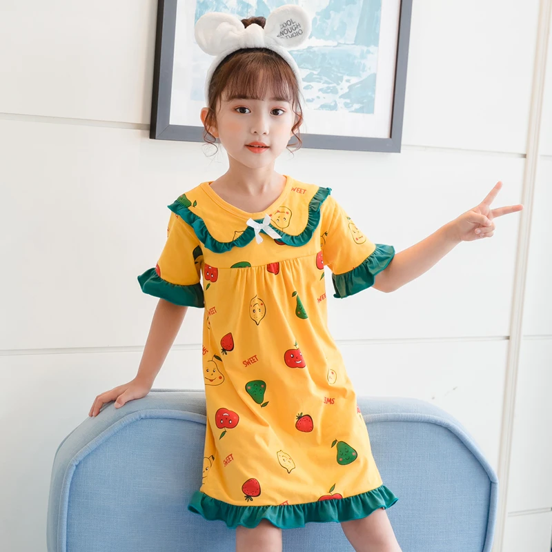

2021 Spring 2-12 Years Girls Nightdress Cotton Children's Home Wear Nightgown Kids Print Pajamas Night Dress