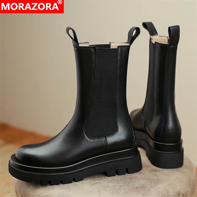 

MORAZORA 2022 Newest Thick Bottom Chelsea Boots Women Genuine Leather Boots Stretch Slip On Flat Shoes Women Ankle Boots Black