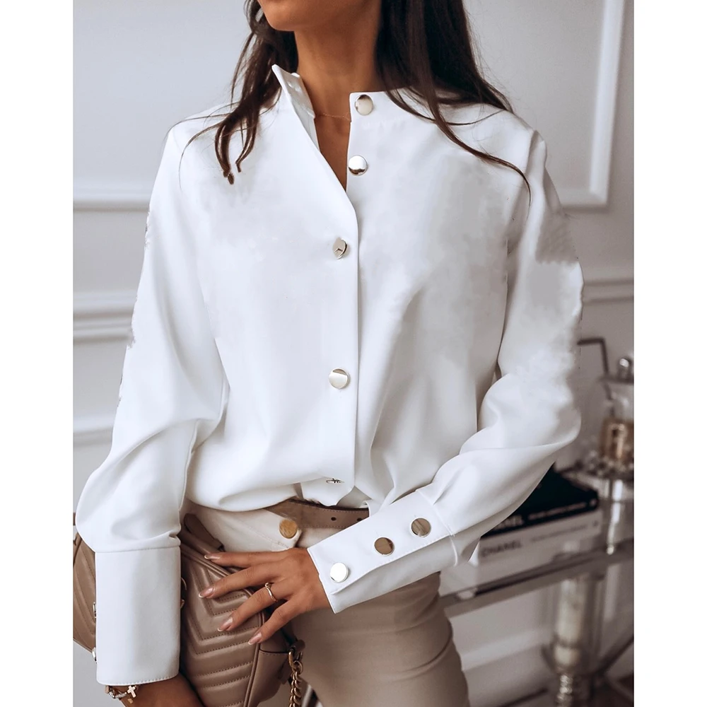 Модная женская Свободная блузка рубашка осенняя Женская однобортная с v образным