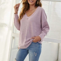 solid knitted casual pullover sweater women autumn winter long sleeve v neck loose tops female elegant temperament sweaters