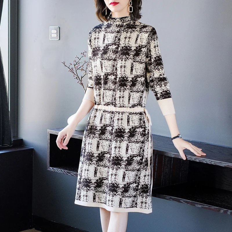 Plus Size Female Jacquard Pullover Sweater Dress 2020 Autumn Winter Women Elegant Casual Long Sleeve Loose Knitted Dresses L4154 | Женская