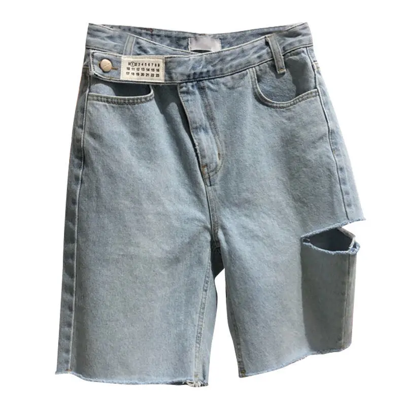

Ins2021 summer new fashion personality high waist thin loose hole straight tube denim shorts women