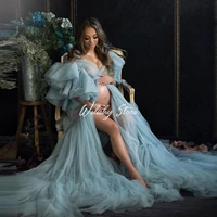 newest long draped tulle maternity robes sexy sheer thru puffy sleeves tulle party prom gowns for women photo shoot dress