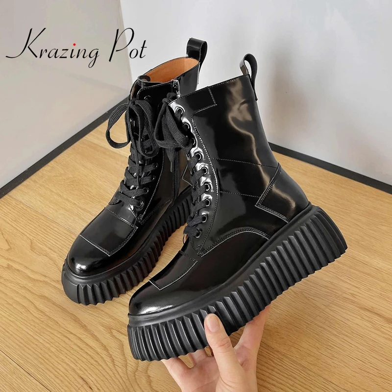 

krazing pot hot superstar recommend genuine leather round toe thick bottom Motorcycle boots handsome fashion mid-calf boots L7f9