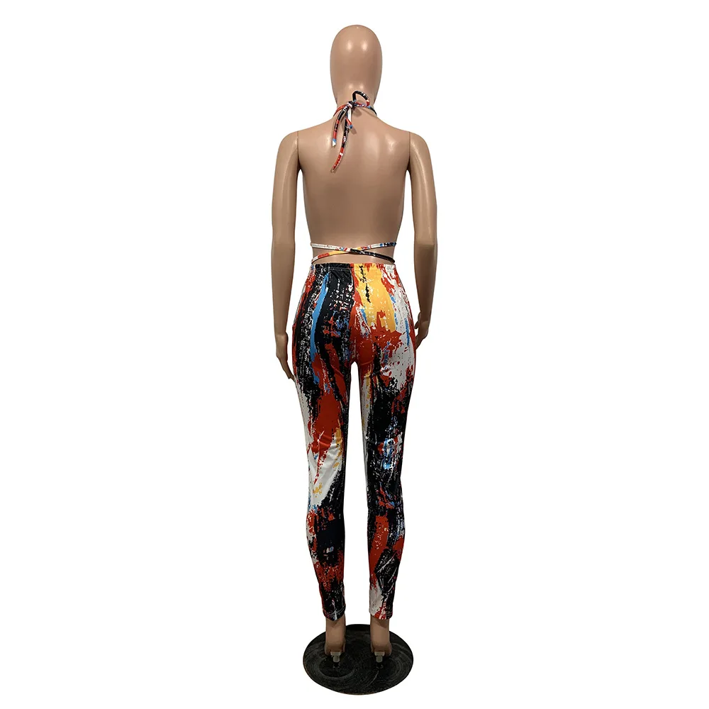 

Echoine Summer Tie Dye Print Lace Up Halter Crop Top and Legging Pants Two Piece Set Sexy Clubwear Party Outfits Streetwear new
