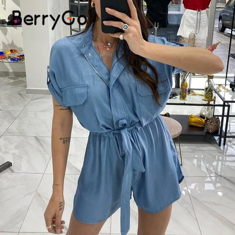 

BerryGo Casual solid summer romper shorts ladies Overall lace up rompers womens jumpsuit 2021 Fashion blue chain female romper