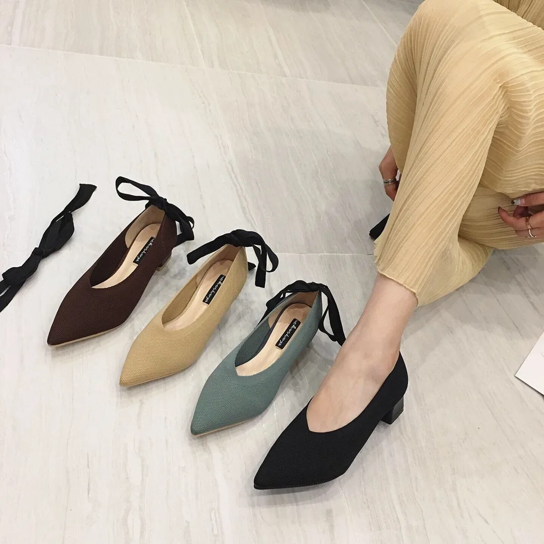 Туфли-лодочки с сетчатым бантом на низком каблуке однотонная обувь коллекция 2019