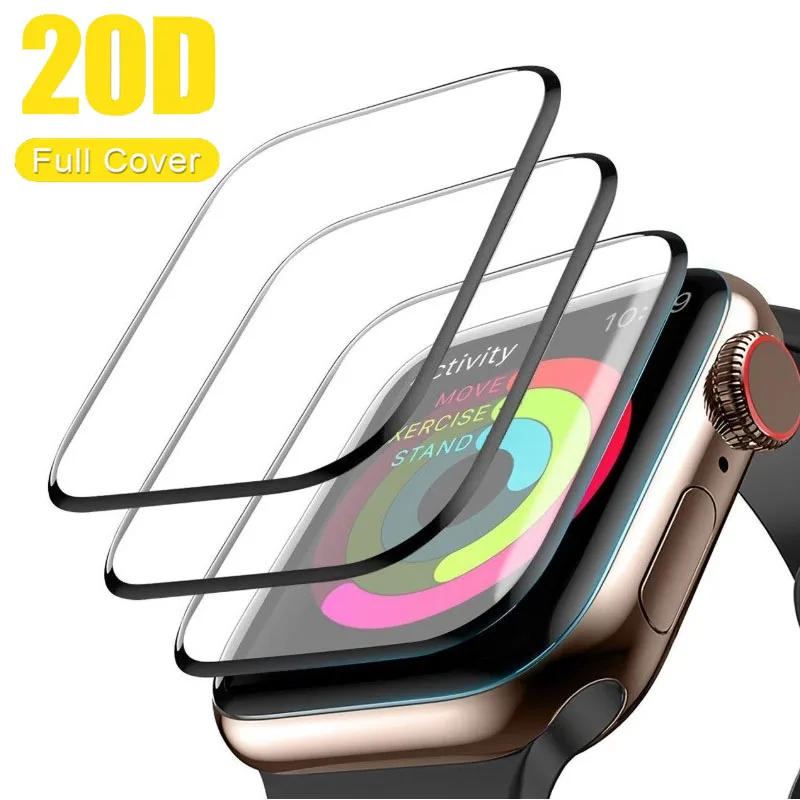 

2 шт./лот 20D полное покрытие закаленное стекло для iWatch 5 4 3 2 1 полный клей горячий изгиб защита экрана 40 44 38 42 мм пленка