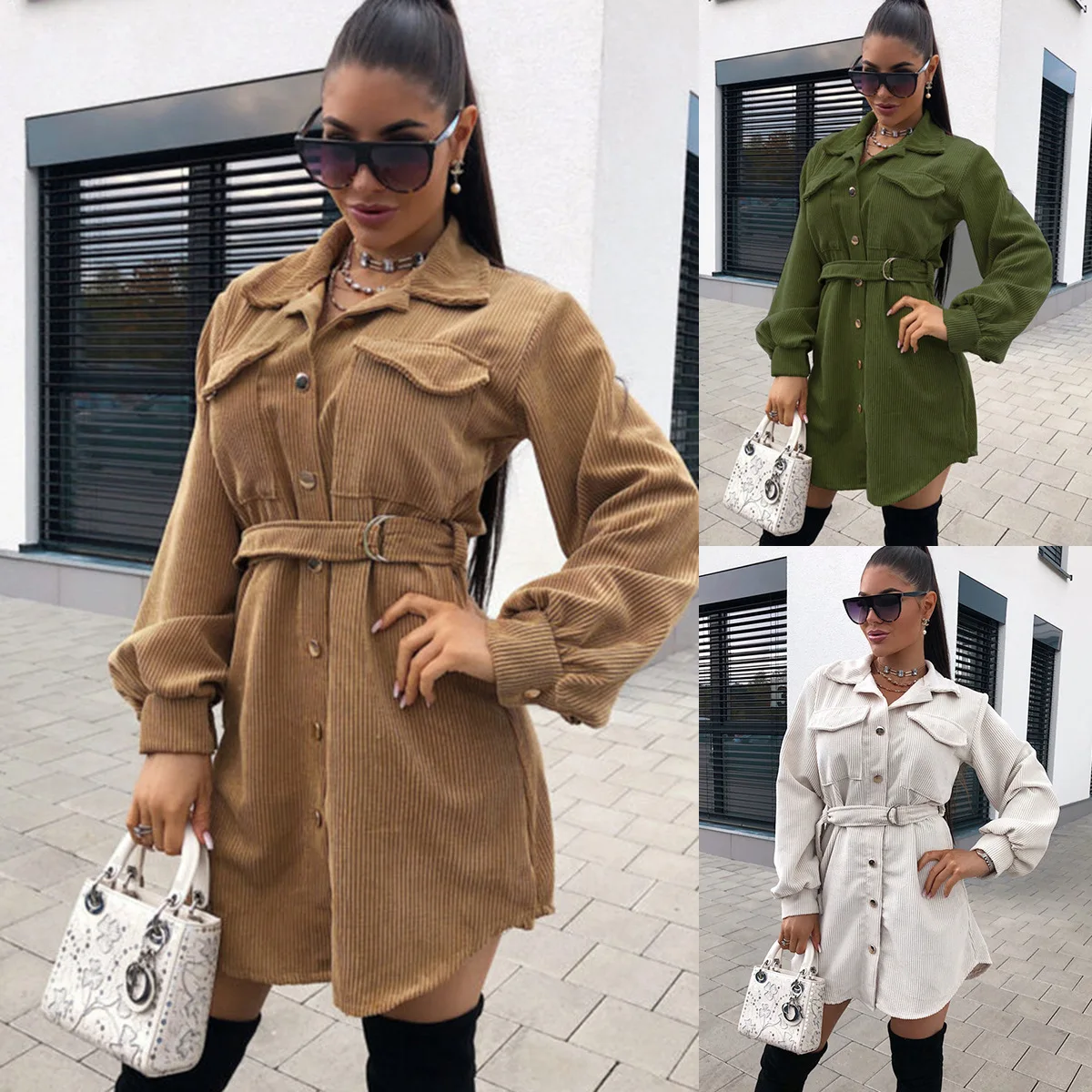 

Autumn and Winter New Products 2021 New Women's Corduroy Long-sleeved Shirt Double Pocket British Style Dress Jacket Women