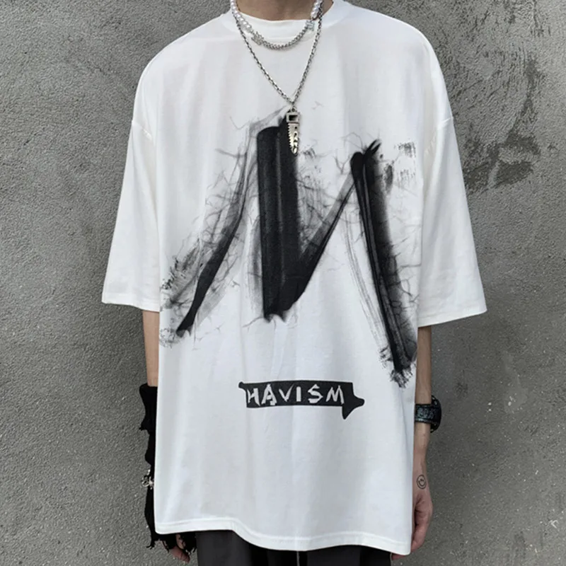 

Aolamegs Oversized T-shirt Gothic Men's T-Shirts Summer High Street Streetwear Diablo Splash Ink Letter Print Tee Shirts Unisex