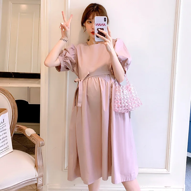 

New Pregnant Women Summer Dress Fashion Loose O-Neck High Waist Puff Sleeve Maternity Cotton Linen Dress Pink Pregnancy Clothes