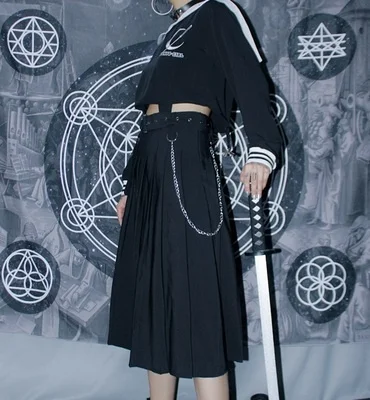 

Summer Streetwear Punk Black Pleated Skirt Half-length Skirt Removable Pocket Chain Fashion Gothic Female High Waist Long Skirt