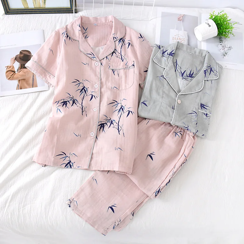 Summer Couple Pure Cotton Pajamas Set Gauze Men and Women Thin Short Sleeve Sleeve Trousers Comfortable Pajamas 2 Sets of Home
