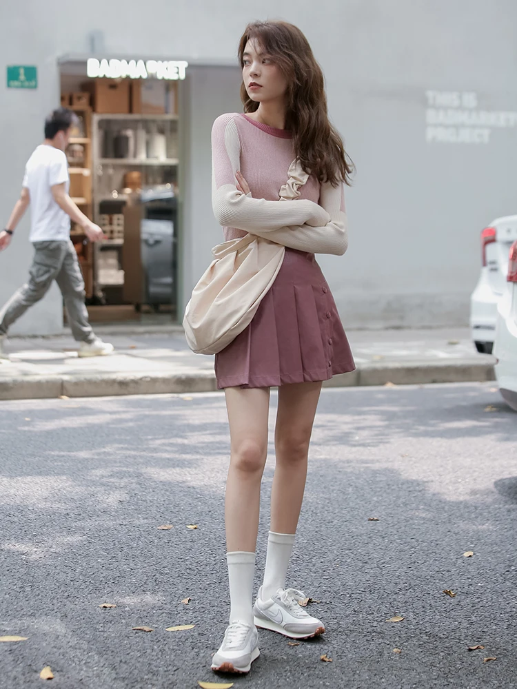 

Pleated Polyester Skirt High Waist Short Fashion A Line Simple Skirt Korean Style Jupe Longue Femme Women Clothing DE50BSQ