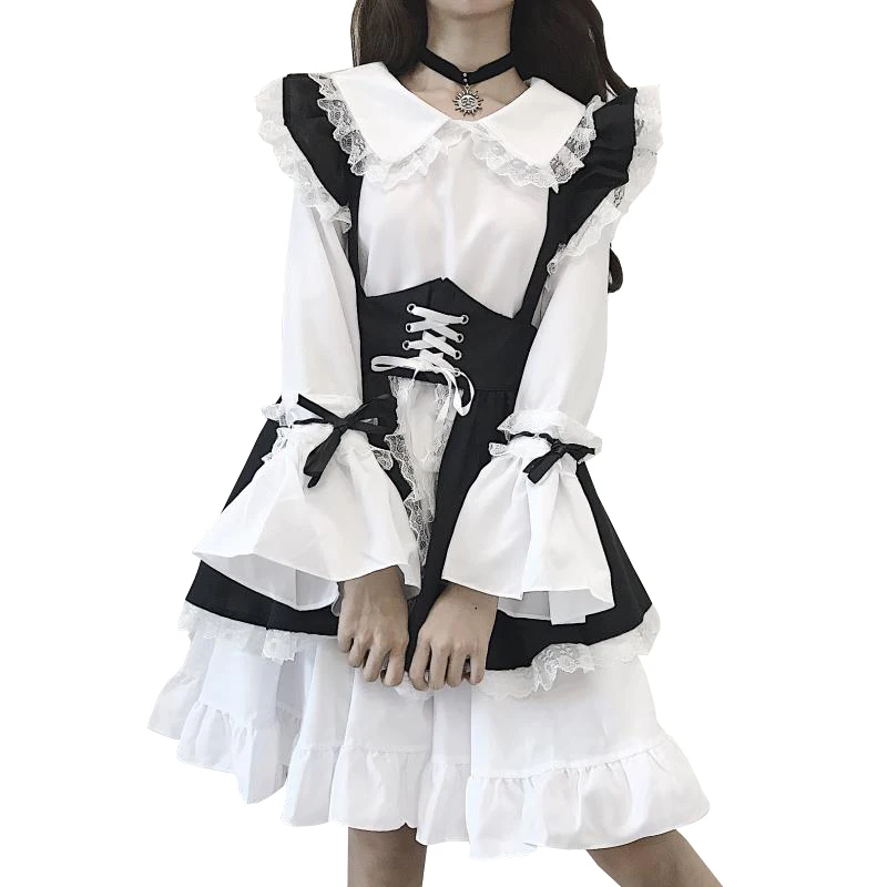 

Vintage Black White Gothic Lolita Maid Dress Women Japanese Kawaii Flare Sleeve 2 Piece Sets Girls Halloween Cosplay Costumes
