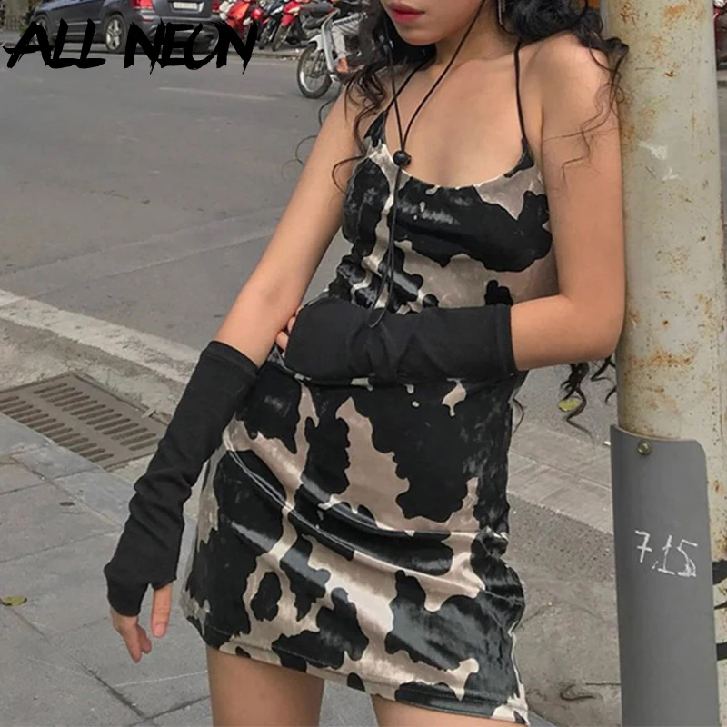 ALLNeon Y2K эстетичные камуфляжные мини платья на тонких бретельках в стиле E girl панк