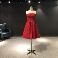 100 real picture red satin strapless sleeveless luxurious heavy beads knee leangth a line party dancing formal evening dresses