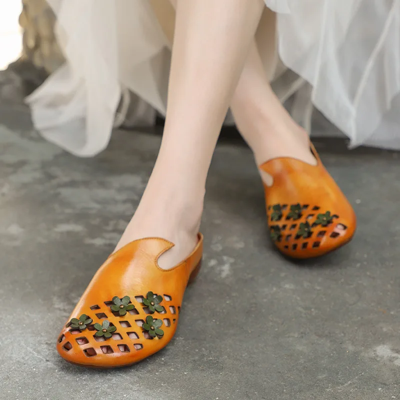 

YourSeason Ladies Summer Shoes Genuine Leather Flat With Outside Slides Concise Women Casual Handmade Flower Slippers