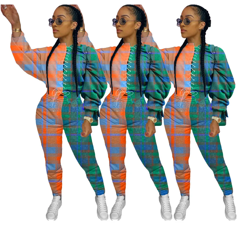 

Grid Print Patchwork Two Piece Set Women Fitness Sportswear 2020 Autumn Long Sleeve Skinny Tops Elastic Leggings Pants Tracksuit