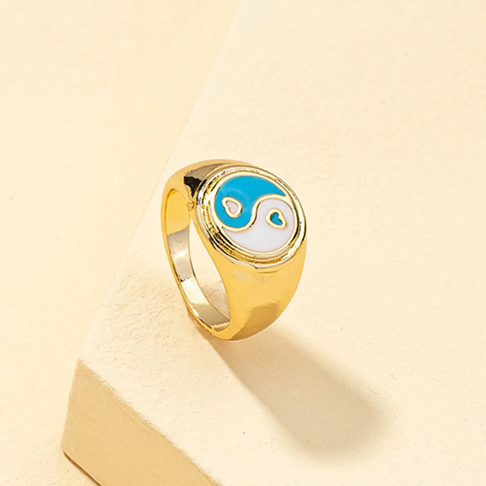 

New Ins Vintage Colorful Heart Tai Chi Ring Temperament Yin Yang Red Heart Gossip Rings For Women Girls Fashion Jewelry Gift