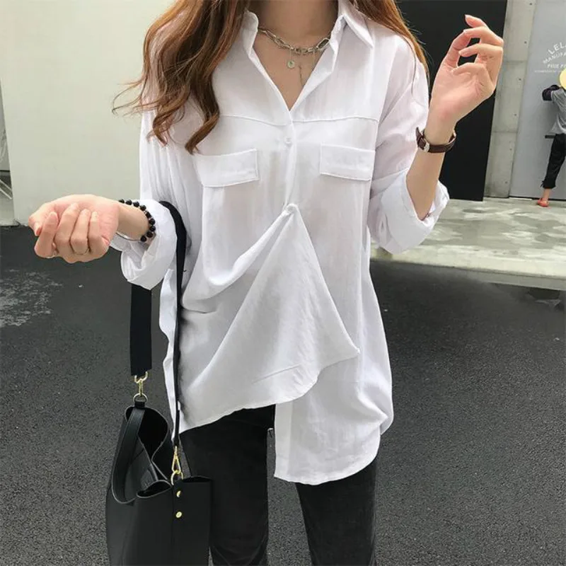 

2021 Leisure White Yellow Shirts Button Lapel Cardigan Top Lady Loose Long Sleeve Shirt Women Blouses Spring Plus Size 4XL Y289