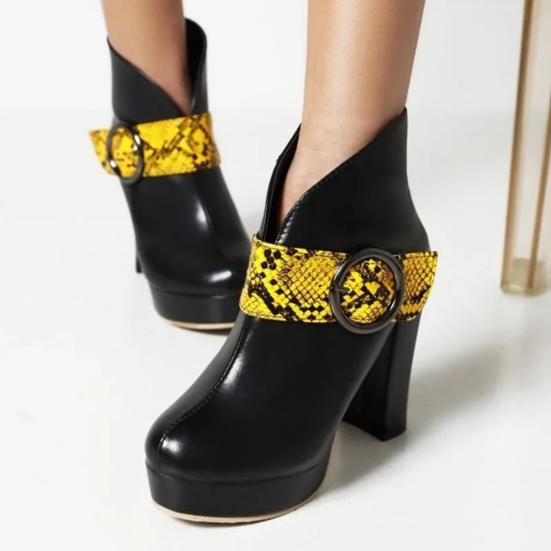 

Новинка Осень-зима 2021, водонепроницаемые короткие ботинки из лакированной кожи на толстом каблуке и платформе с круглым носком, модные женс...