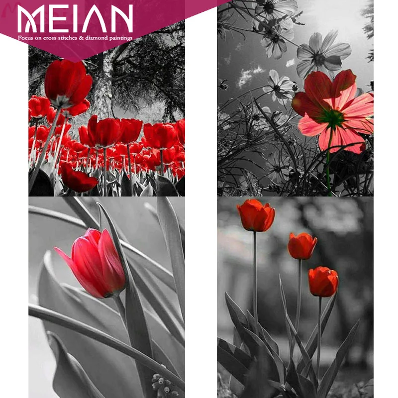 2020 Meian Цветочная краска с бриллиантами Красные тюльпаны цветок Алмазная картина