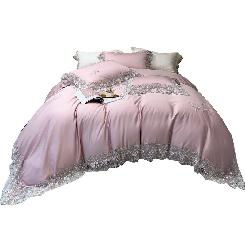 

Light Luxury Lace 80 Double-Sided Tencel Four-Piece Princess Wind Bare Sleeping Silky Quilt Cover Bed Sheet Bedding