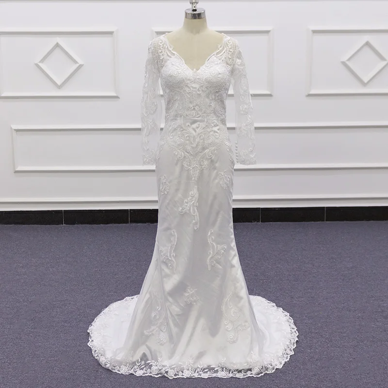 

Molanda Hung Elegant Delicate Appliques Wedding Dress Long Sleeve V-Neck Mermaid Bridal Gown Vestido De Noiva Bride To Be SJ367