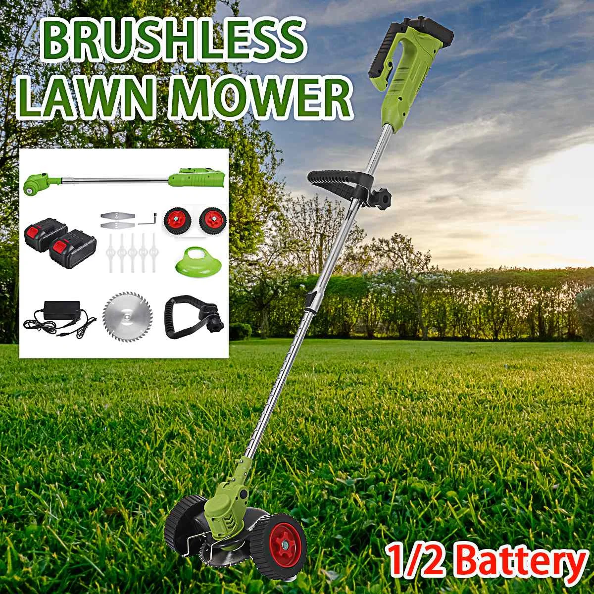 1000W Electric Grass Trimmer Cordless Powerful Lawn Mower Double Wheel Length Adjustable Garden Pruning Cutter Tool With Battery