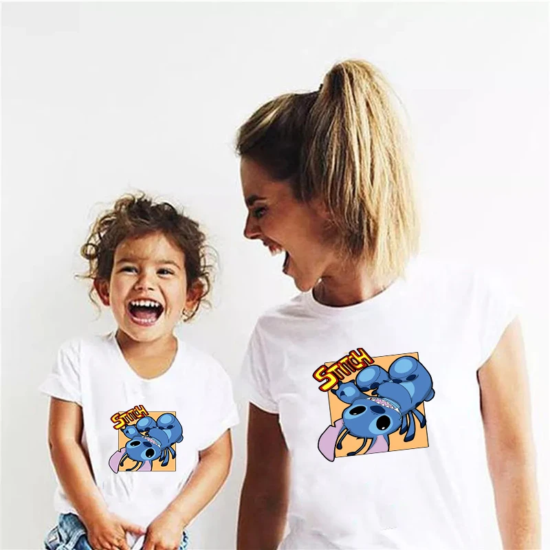 

Family Matching Casual Suit Disney Lilo Stitch Cartoon Pattern Top Short Sleeve Fashion Retro Tee