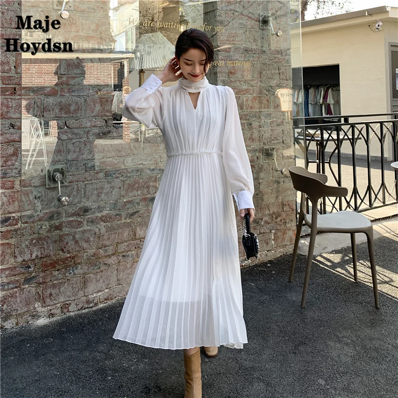 

Новинка весны, корейское Плиссированное приталенное платье Maje Hoydsn2021 с длинным рукавом и поясом, белая длинная юбка феи