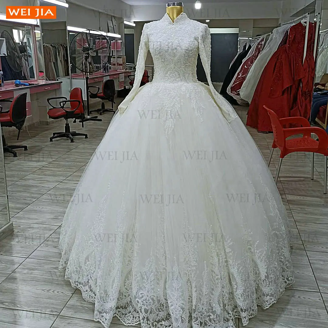 

Moslem High Neck Wedding Dresses White Long Sleeves Vestido De Noiva 2021 Lace Beading Ball Gown Bridal Dress Marry Robe Mariage