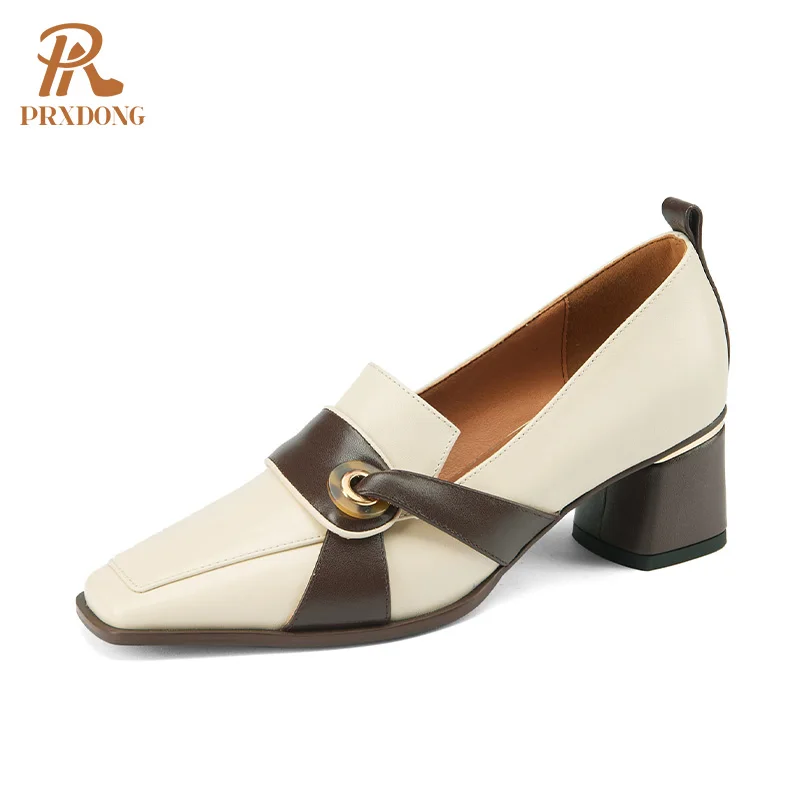 

New Autumn Women Pumps Thick Heels Square Toe Genuine Cow Leather Black Beige Dress Office Ladies Shoes Woman Pumps Size 34-39