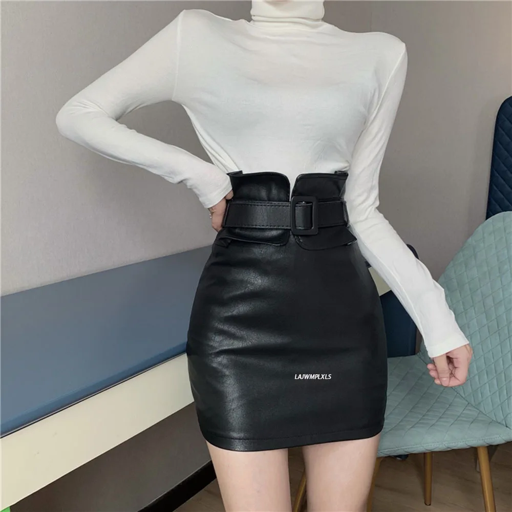 

Winter PU small leather skirt Autumn Bud High Wasit Half-length Skirt Korean Solid Croup Temperament Sashes Women Leather Skirts