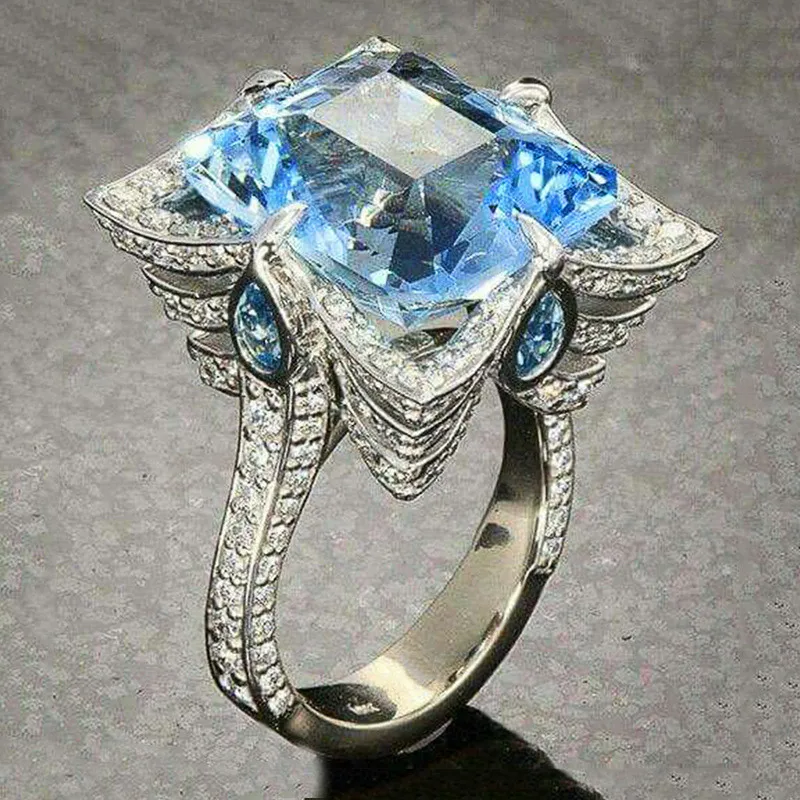 

Luxury Female Blue Square Crystal Stone Ring Promise Silver Color Engagement Rings For Women Vintage Big Wedding Band Ring