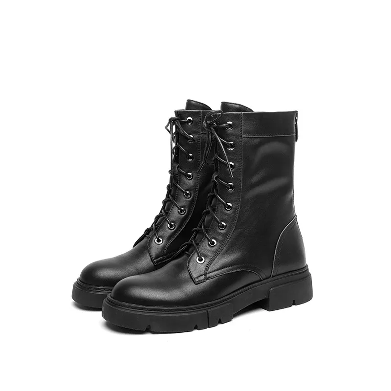 

Woman's Martin Boots Round Toe 3cm High Heels Back Zipper Ankle Boots Genuine Leather Lace Up keep Warm Fashion Lady Shoes