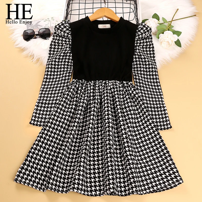 

HE Hello Enjoy Big Girls Long Sleeve Dresses New Kids Girl Black Knitted Houndstooth Stitching Long-Sleeve Dress Spring Costumes