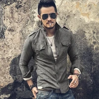 fashionable mens military suede new style single breasted slim shirt faux leather shirt top